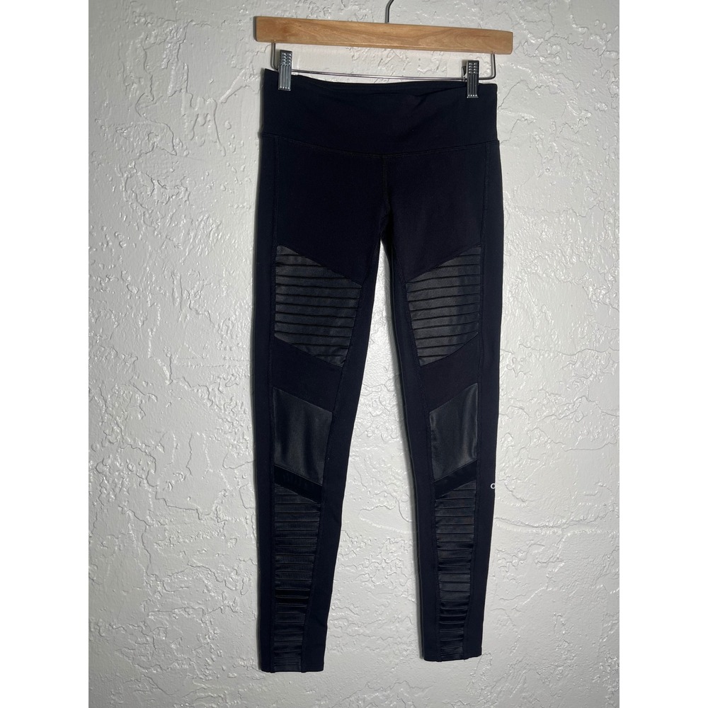 Alo Yoga High Waist Moto Leggings XS Black Glossy Ribbed Mesh Panel Pants